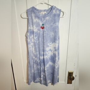 Blue Tie Dye Tank Dress With Embroidered Cherry Detail